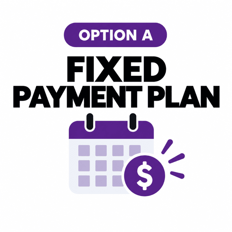 A purple calendar and dollar sign icon sit below the text "OPTION A FIXED PAYMENT PLAN" against a plain white background.