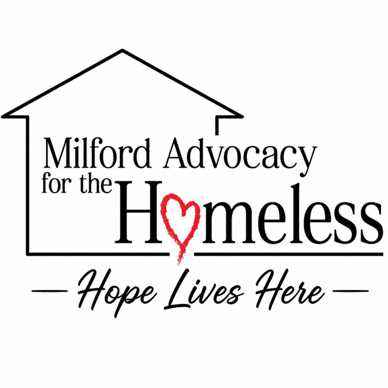 A black logo for "Milford Advocacy for the Homeless" with a red heart and the tagline "Hope Lives Here" is centered against a plain white background.