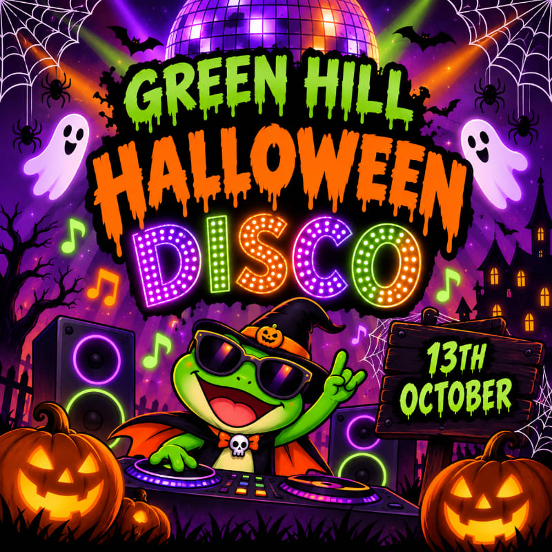 A frog wearing sunglasses and a witch's hat DJs at a party in the foreground, set against a spooky background featuring ghosts, pumpkins, and a disco ball.