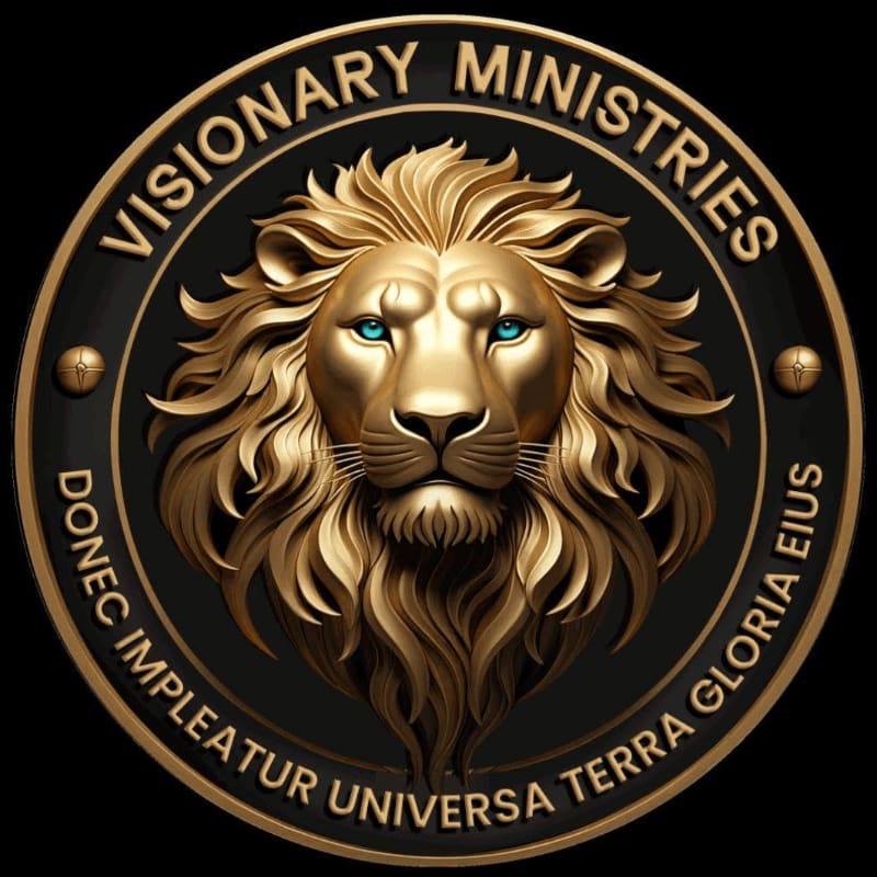 A golden lion's head with blue eyes is centered within a circular gold emblem featuring the text "VISIONARY MINISTRIES" and a Latin phrase, all set against a solid black background.