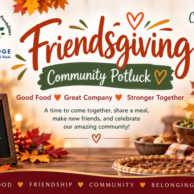 A "Friendsgiving Community Potluck" announcement is overlaid on a festive autumn scene featuring a pecan pie and fall foliage in the foreground against a blurred, warm background.