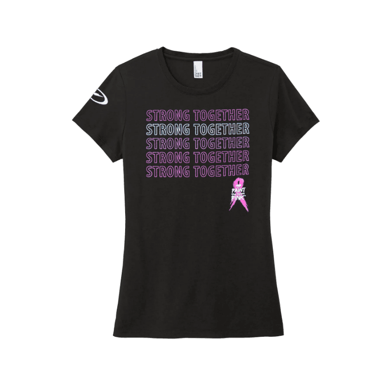 A black t-shirt featuring the phrase "STRONG TOGETHER" repeated in pink text and a pink ribbon is centered against a plain white background.