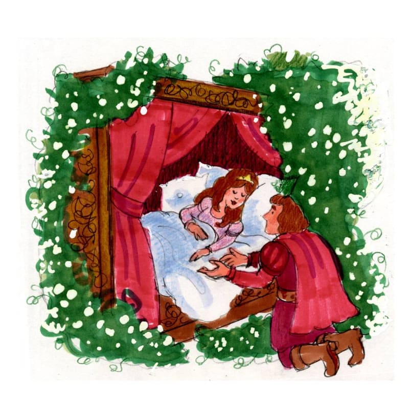 A prince kneels beside a sleeping princess in a red-curtained bed, all surrounded by lush green foliage and white flowers.