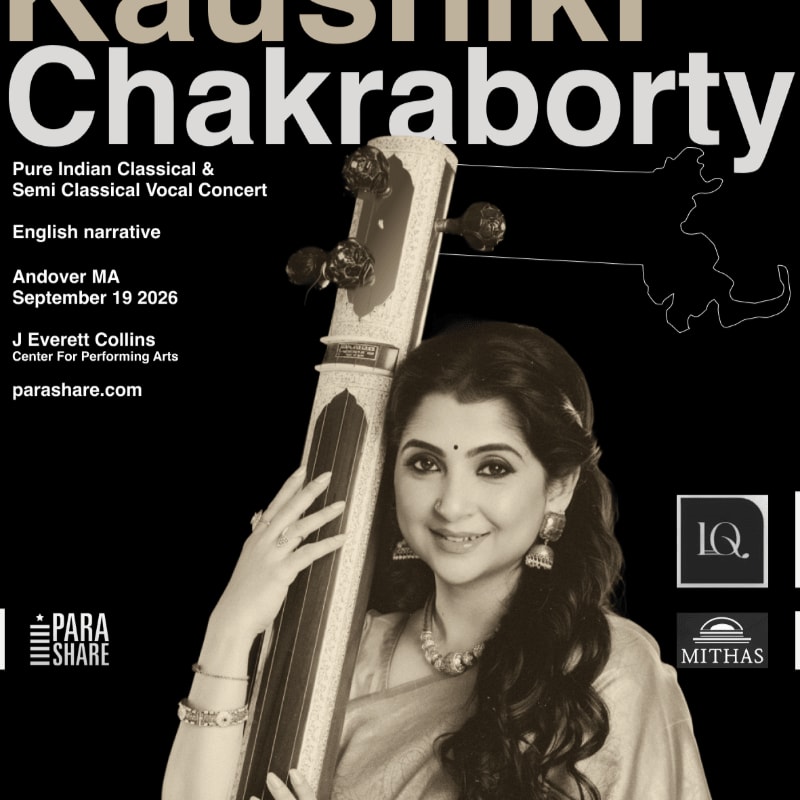 A woman smiling and holding a tanpura stands in the foreground against a black background featuring white text and a map outline.