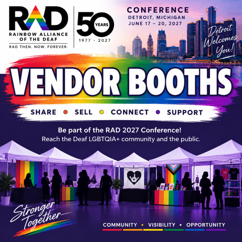 A promotional flyer for the RAD 2027 Conference features bold "VENDOR BOOTHS" text over a rainbow splash in the foreground and a Detroit city skyline in the background.