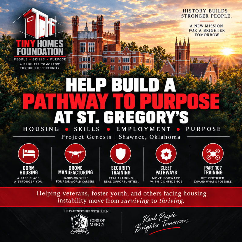 A promotional flyer for the Tiny Homes Foundation features bold text over a background of a large brick castle and a church during a golden sunset.