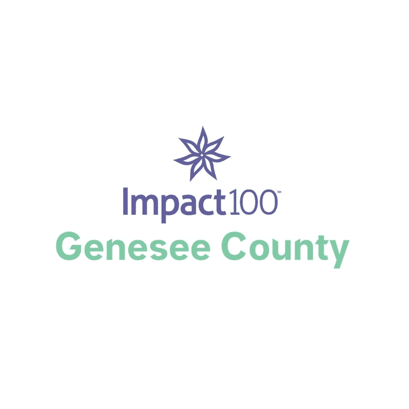 A purple starburst logo sits above the words "Impact100" in purple and "Genesee County" in green, all on a white background.