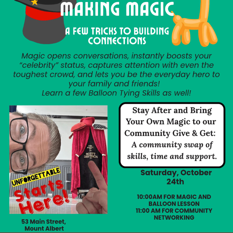 A promotional flyer for a magic and balloon tying workshop features colorful text and graphics in the foreground against a solid green background.
