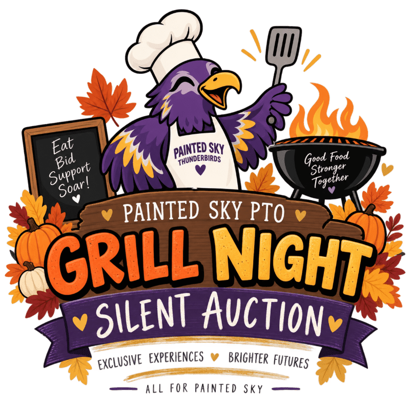 A purple bird wearing a chef's hat holds a spatula next to a grill and a chalkboard, set against a background of autumn leaves and pumpkins.