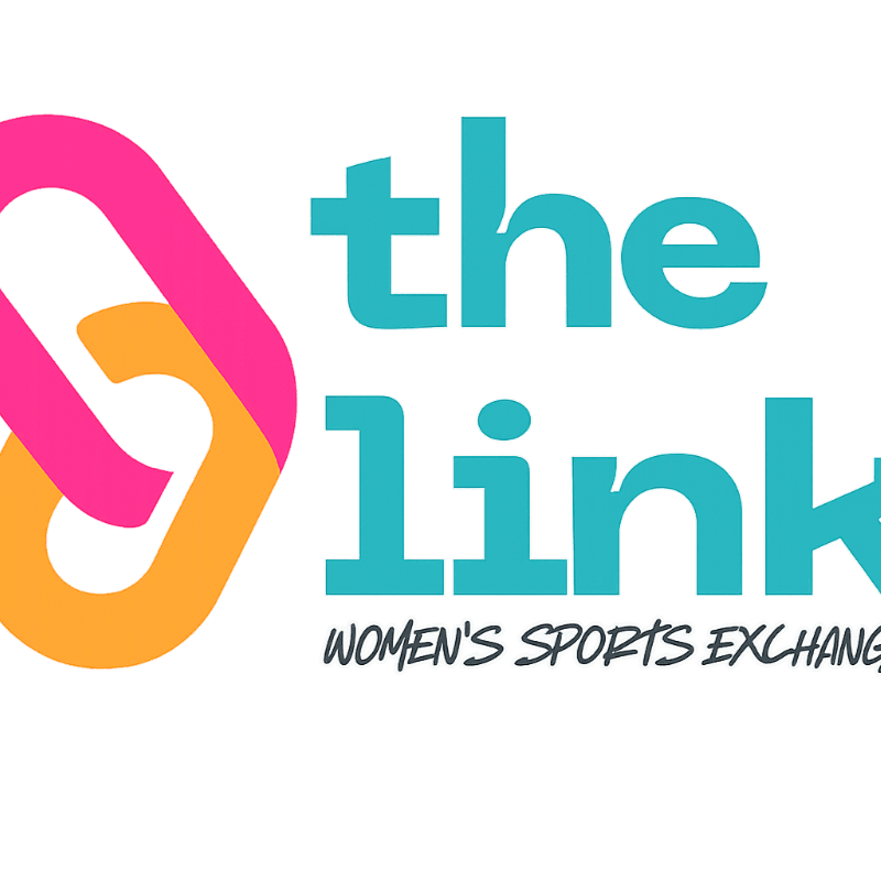A pink and orange chain link icon sits beside the teal text "the link" and "WOMEN'S SPORTS EXCHANGE" against a plain white background.
