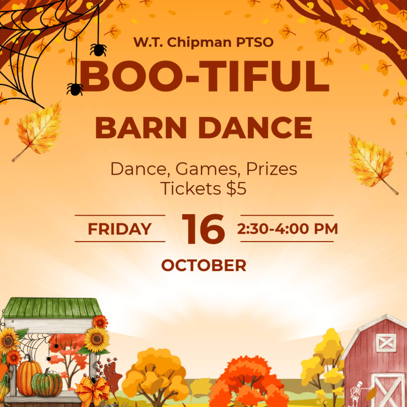 An event flyer for a "Boo-tiful Barn Dance" features autumn leaves and spiderwebs in the foreground against a bright, sunburst background with a rural farm scene at the bottom.