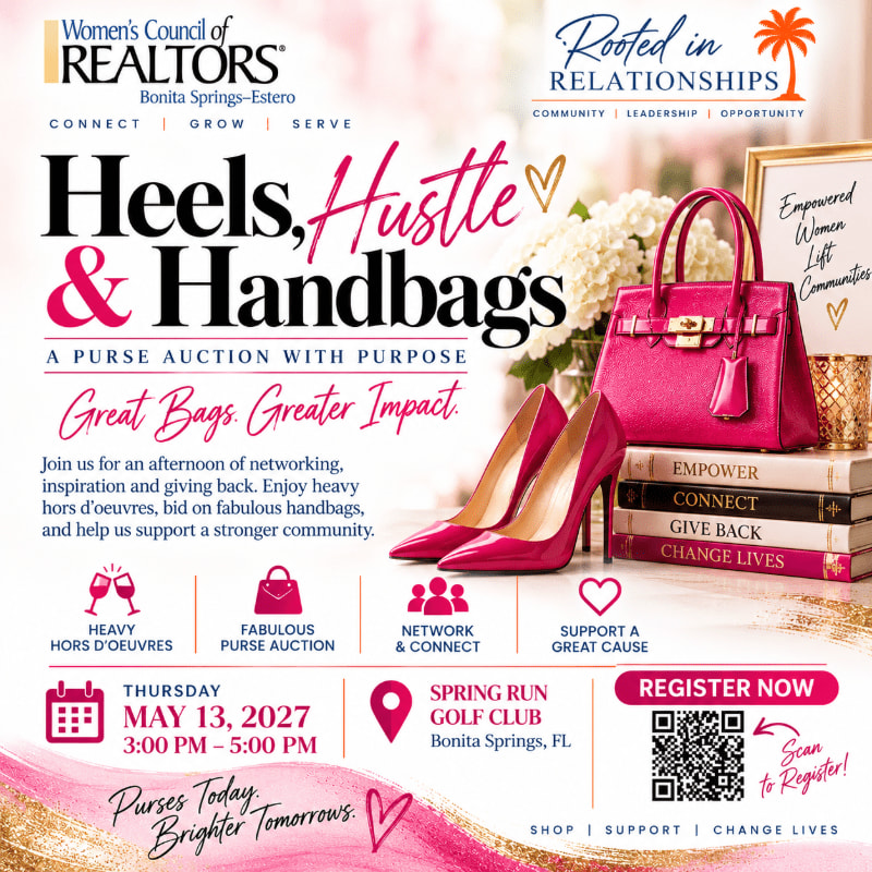 A promotional flyer for a purse auction features a pink handbag and high heels in the foreground against a soft, blurred background of white flowers.