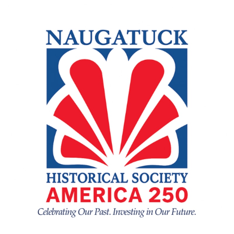 A red and white stylized shell logo with blue text for the Naugatuck Historical Society and "AMERICA 250" is centered on a plain white background.