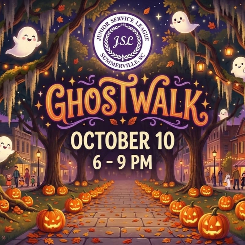 A festive "Ghostwalk" event poster features carved pumpkins and fallen leaves in the foreground, with a cobblestone path leading through a spooky, tree-lined street filled with ghosts and lanterns in the background.