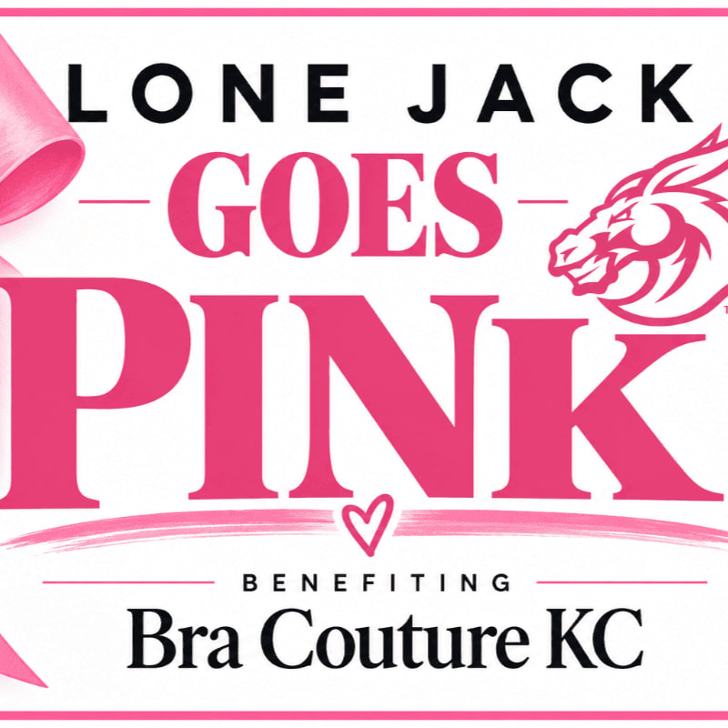 Bold pink and black text reading "LONE JACK GOES PINK BENEFITING Bra Couture KC" is set against a white background with a pink ribbon and a stylized animal logo.
