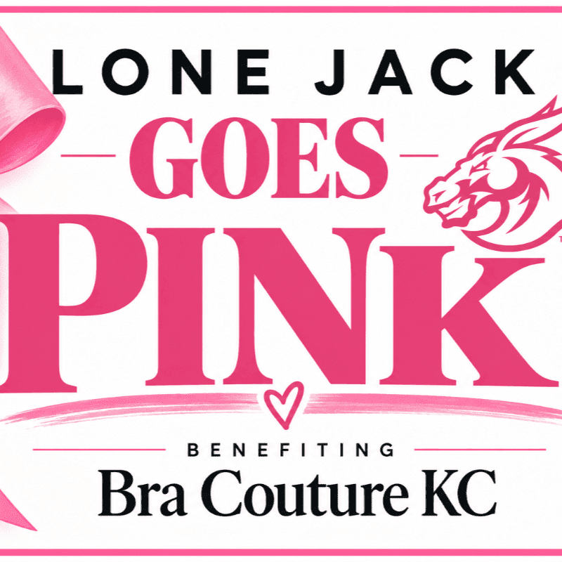 Bold pink and black text reading "LONE JACK GOES PINK BENEFITING Bra Couture KC" is set against a white background with a pink ribbon and a stylized animal logo.