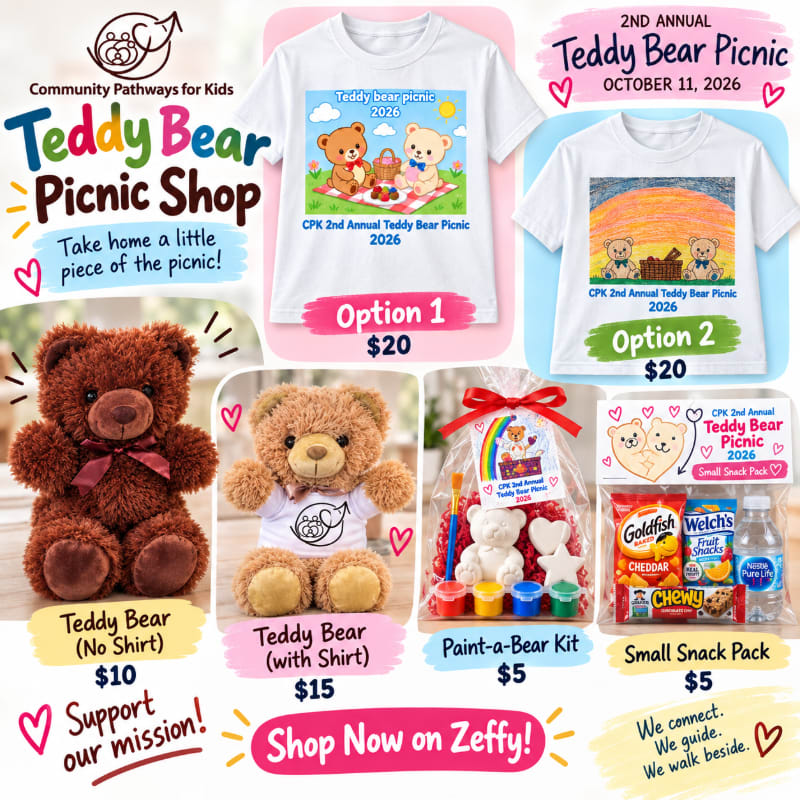 Various teddy bear merchandise and snack packs are displayed in the foreground against a white background with promotional text for the 2nd Annual Teddy Bear Picnic.