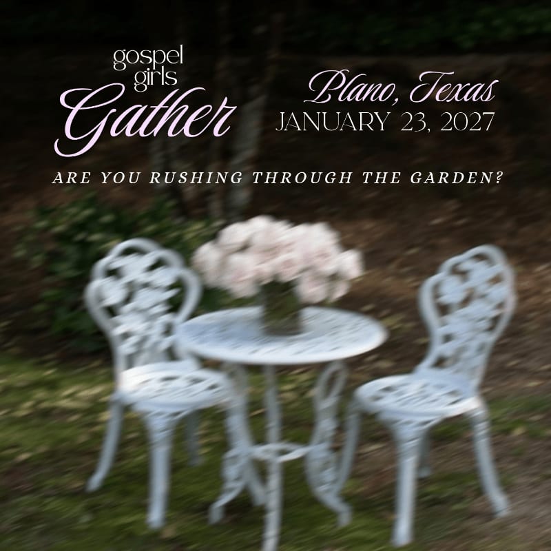 A white wrought-iron table and two chairs with a bouquet of roses sit in the foreground against a blurred green garden background with event text overlaid.