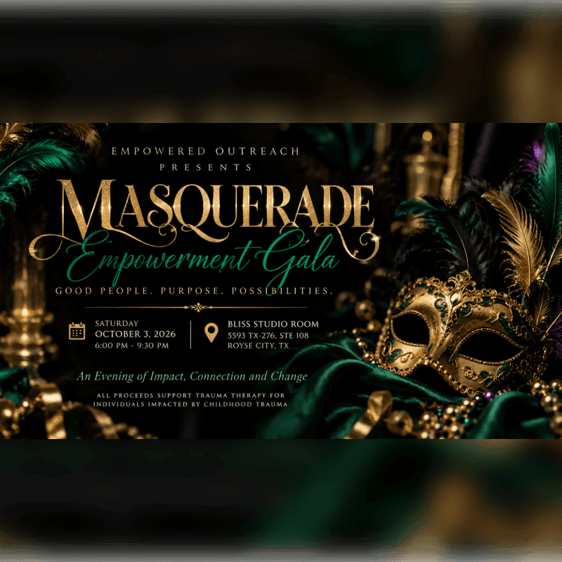 An ornate gold masquerade mask and feathers sit in the foreground of an event flyer with gold text set against a dark, luxurious background.