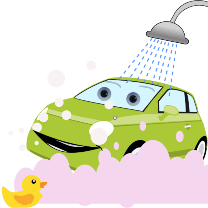 A smiling green car is being washed with bubbles and water from a showerhead, with a rubber ducky and soap bottle in the foreground against a white background.
