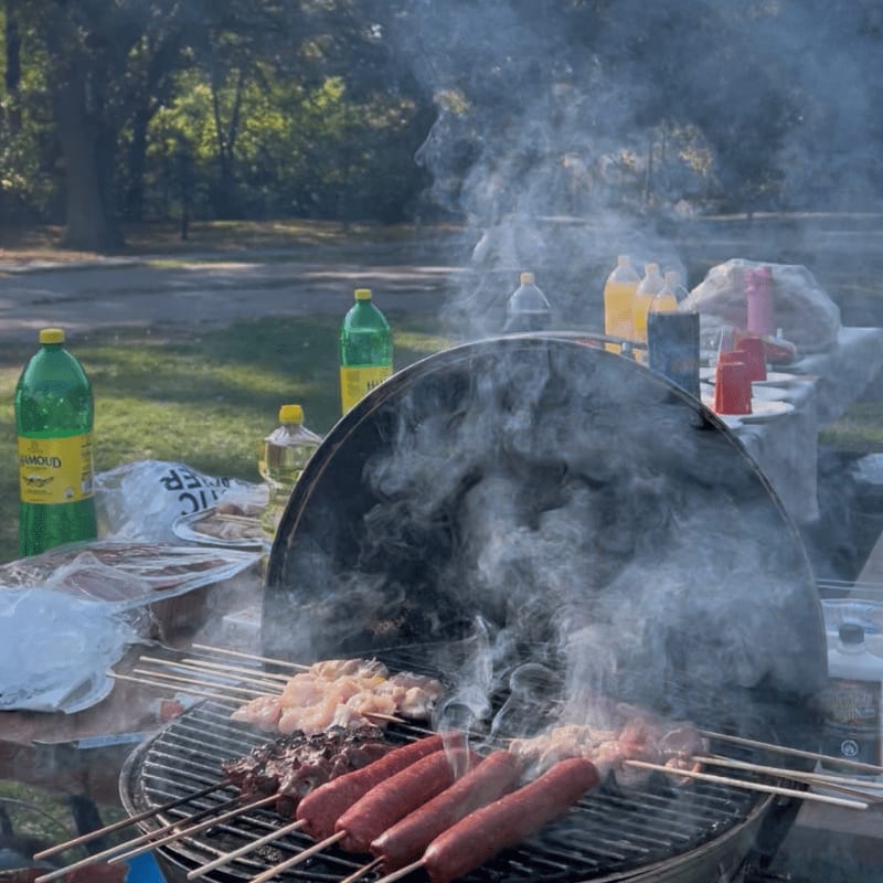 Meat and sausages grill over a smoky fire in the foreground, with green bottles and a wooded park area in the background.