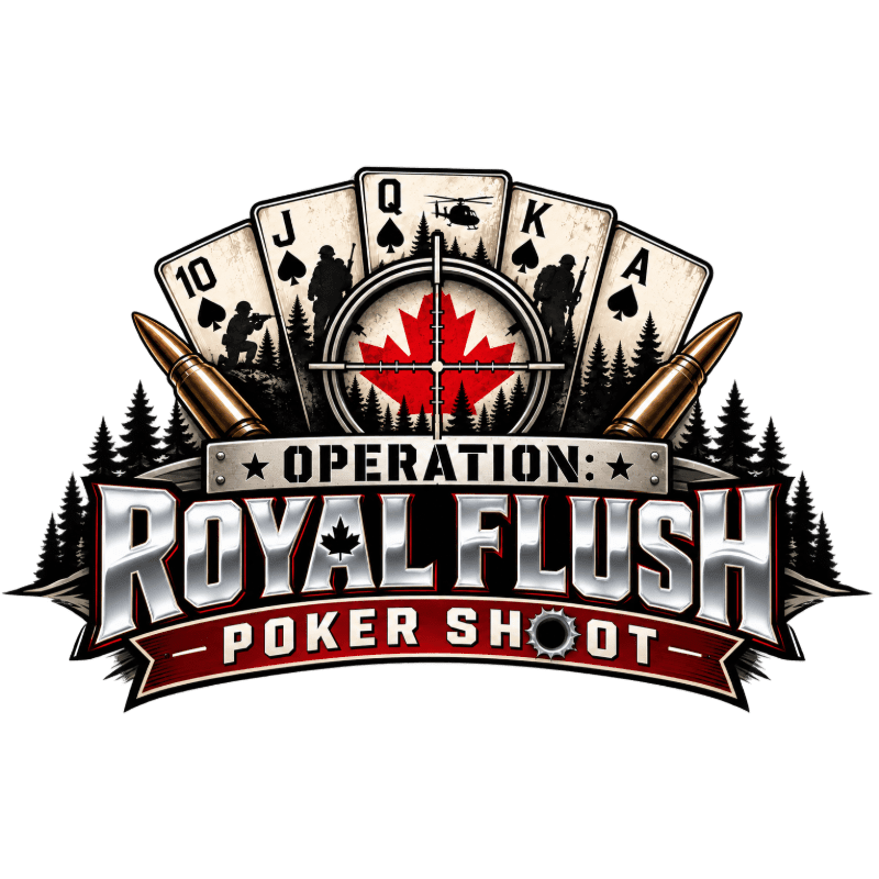 A bold "Operation: Royal Flush Poker Shoot" logo features metallic text and a red maple leaf target in the foreground, set against a background of playing cards, soldiers, and pine trees.