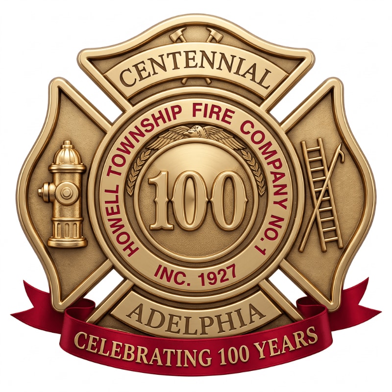 A gold Centennial emblem for the Howell Township Fire Company No. 1 featuring a fire hydrant and ladder on a plain white background.