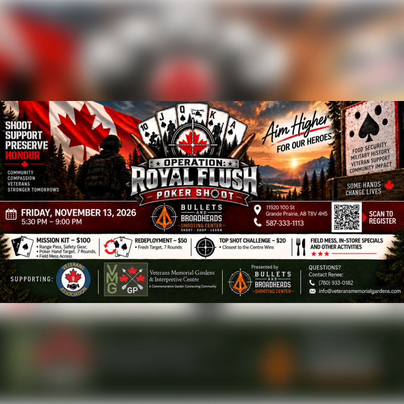An event flyer for "Operation: Royal Flush Poker Shoot" features a soldier and playing cards in the foreground against a backdrop of a Canadian flag and a sunset landscape.