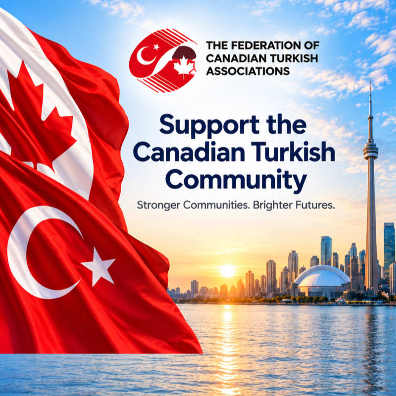The Canadian and Turkish flags wave in the foreground against a background of the Toronto skyline and CN Tower at sunset.