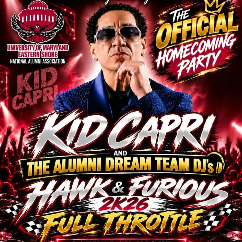 A man in a blue blazer and sunglasses is centered in the foreground of a vibrant red event flyer featuring bold text and a crowd silhouette in the background.