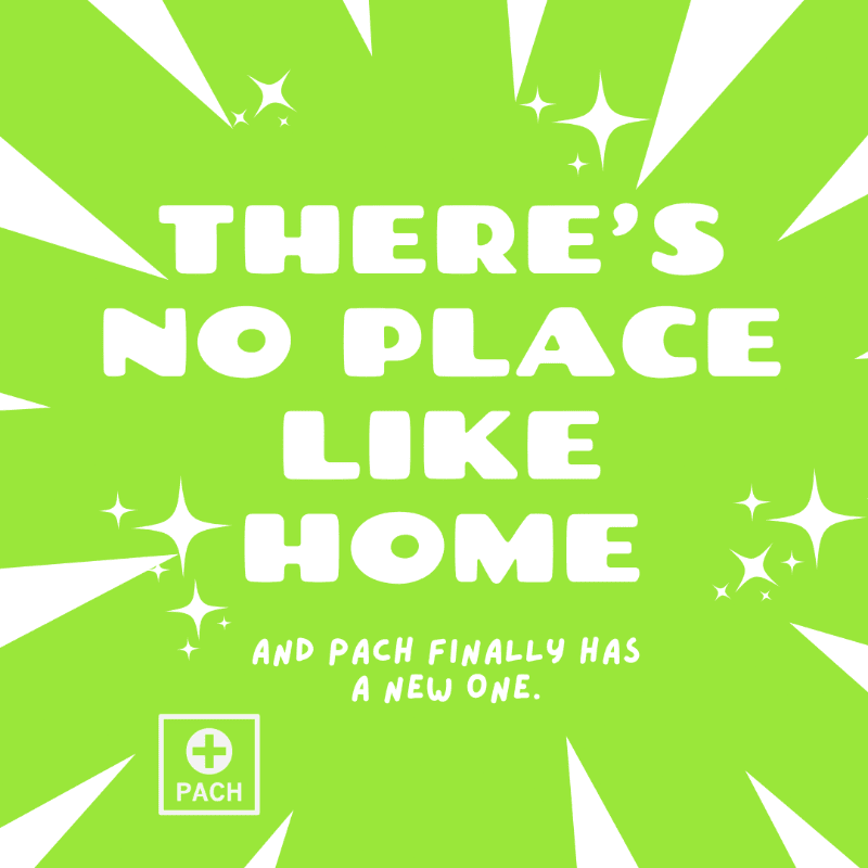 White text reading "THERE'S NO PLACE LIKE HOME" and a small logo sit in the foreground against a bright green background with white radiating bursts and small stars.