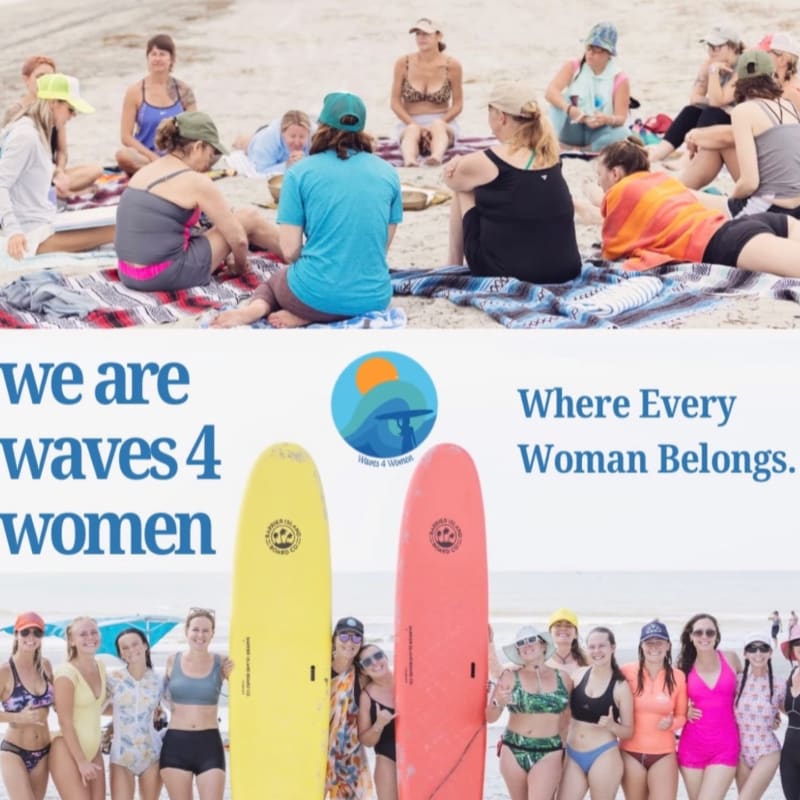 A group of women sit on a beach in the top half, while a line of women stand with surfboards on a sandy shore in the bottom half, separated by blue text and a logo.