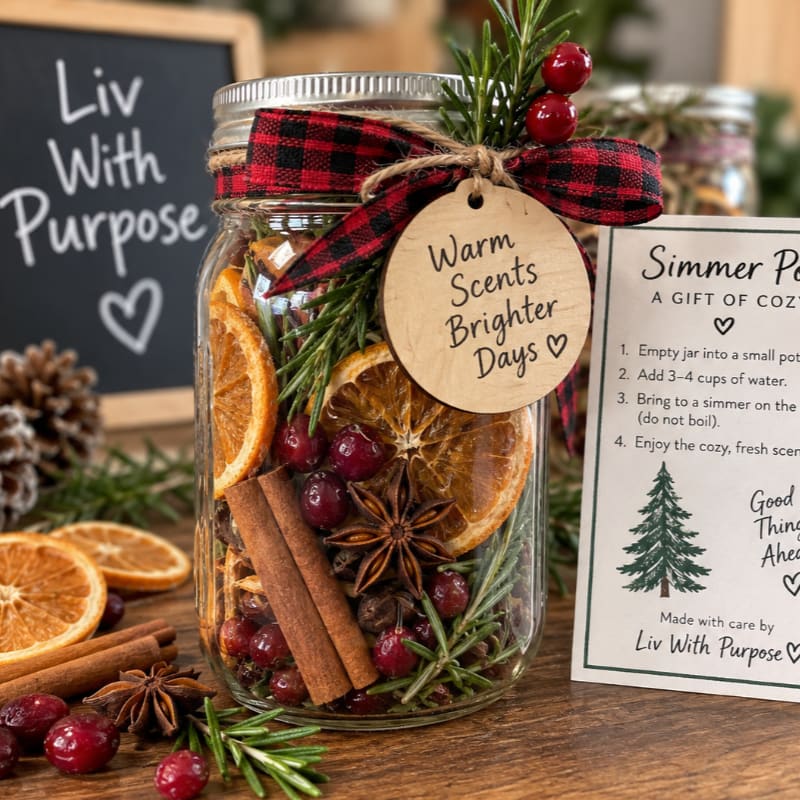 A mason jar filled with dried oranges, cranberries, cinnamon sticks, star anise, and rosemary is tied with a buffalo plaid ribbon and a wooden tag, with a chalkboard sign and other jars in the background.