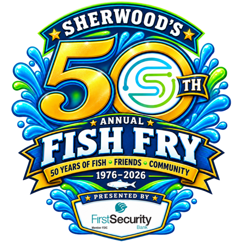A colorful logo for Sherwood's 50th Annual Fish Fry features bold gold and blue text in the foreground, surrounded by splashing blue water droplets against a plain white background.