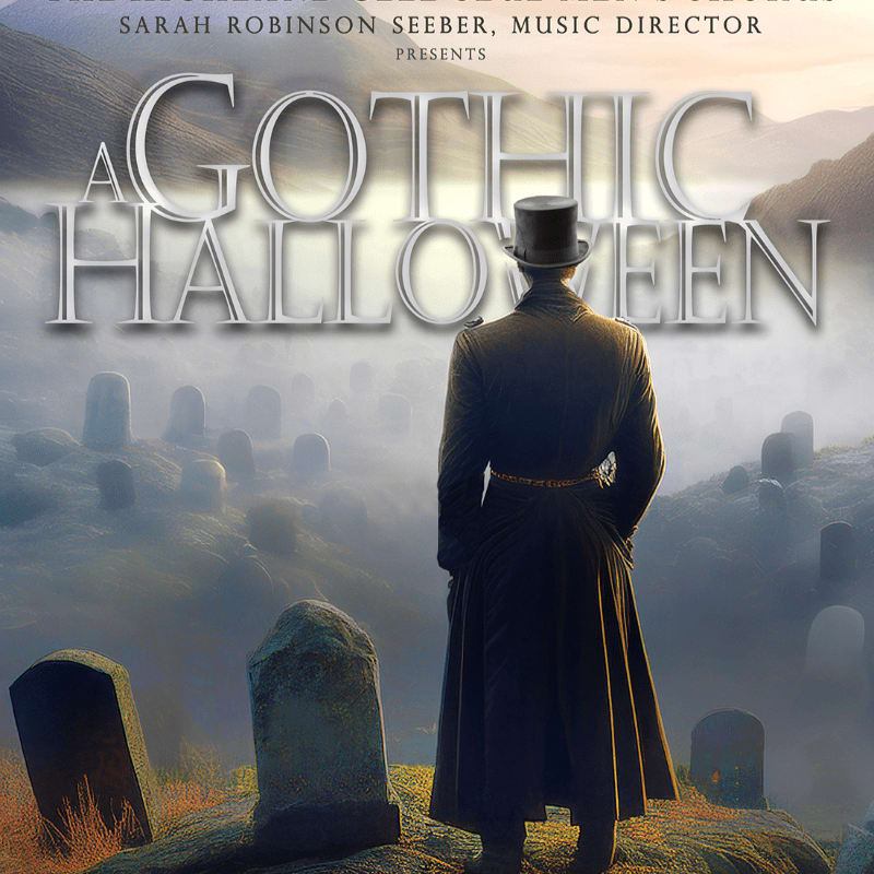 A man in a top hat and long coat stands in the foreground overlooking a misty graveyard with rolling hills in the background.