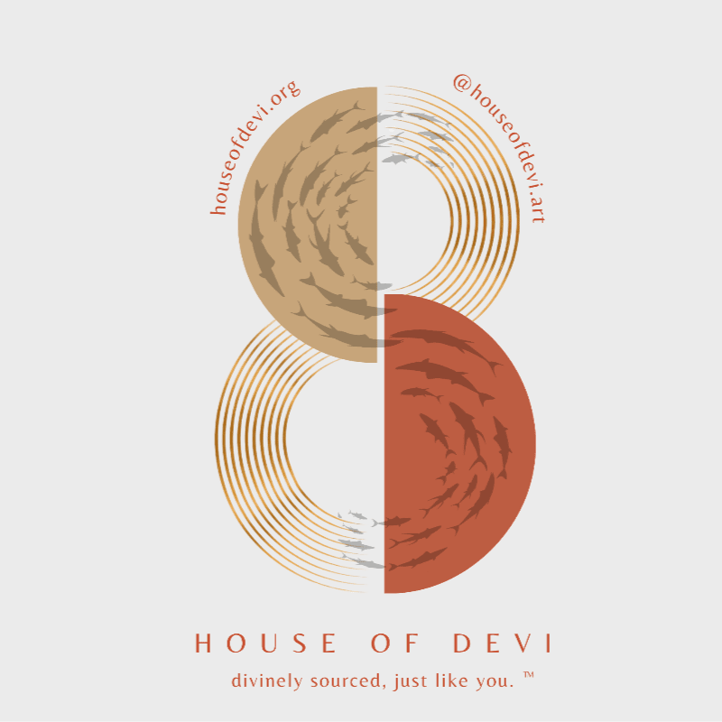 A stylized logo featuring a figure-eight shape with textured patterns and text is centered on a light beige, textured background with subtle circular accents.
