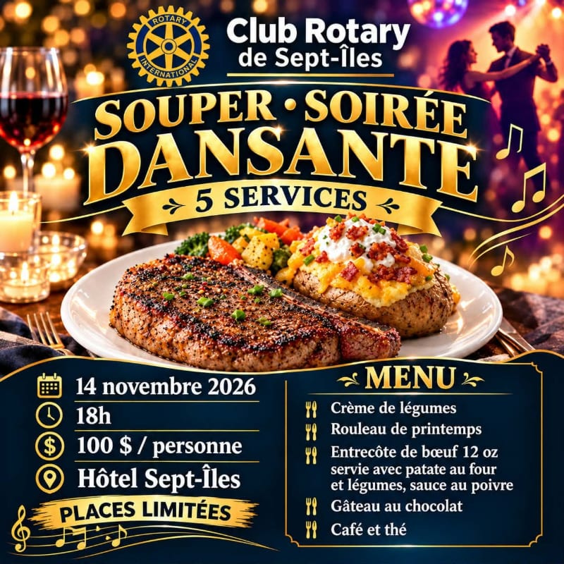 A plated steak and loaded baked potato sit in the foreground of a promotional flyer featuring a dancing couple and festive lights in the background.