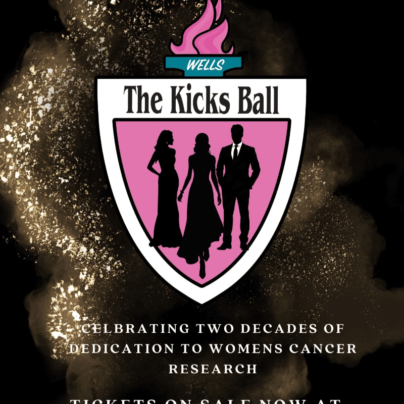 A shield with silhouettes of three people stands out against a dark background with golden sparkles, advertising "The Kicks Ball" and celebrating two decades of dedication to women's cancer research.
