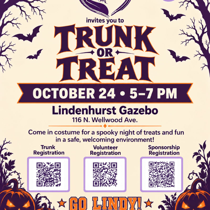 A Halloween event flyer for "Trunk or Treat" features bold purple text and QR codes in the foreground, set against a cream background adorned with spooky silhouettes of bats and bare trees.