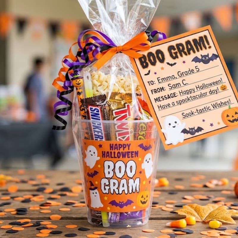 A Halloween-themed "Boo Gram" gift basket filled with candy and popcorn sits on a wooden table scattered with confetti, with a blurred indoor background.
