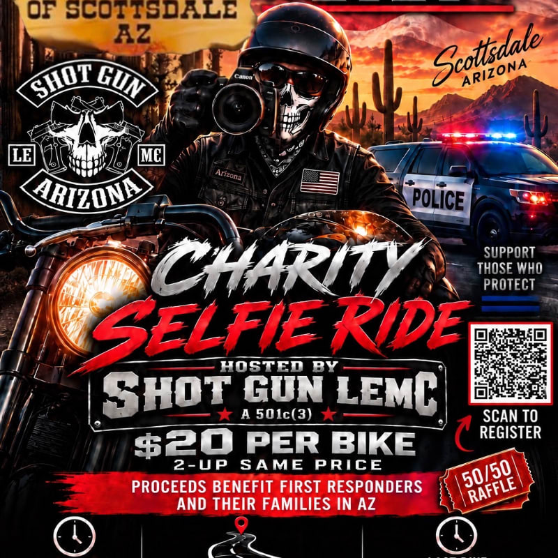 A skeleton biker holding a camera dominates the foreground, set against a desert background featuring a police car and cacti.