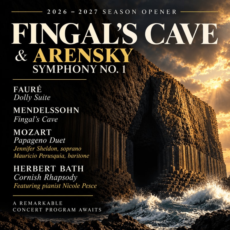 White text detailing a concert program is overlaid on a foreground of crashing ocean waves and a background of towering basalt columns under a golden sky.
