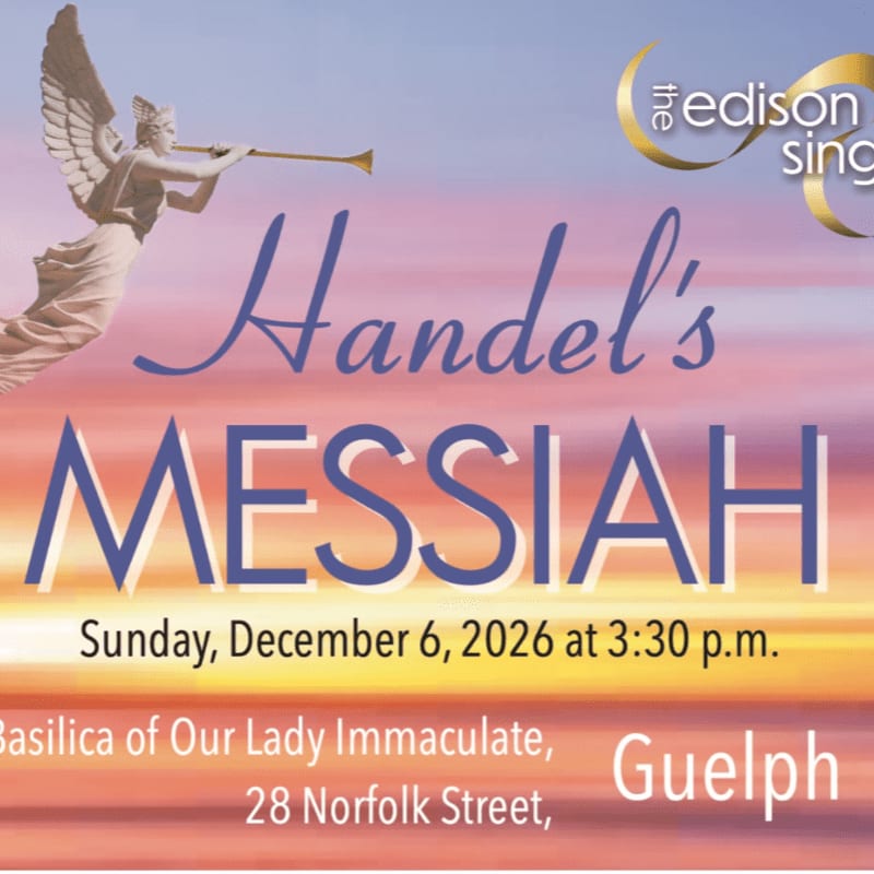 Text announcing a performance of Handel's Messiah on December 6, 2026, is layered over a background featuring an angel with a trumpet against a sunset sky.
