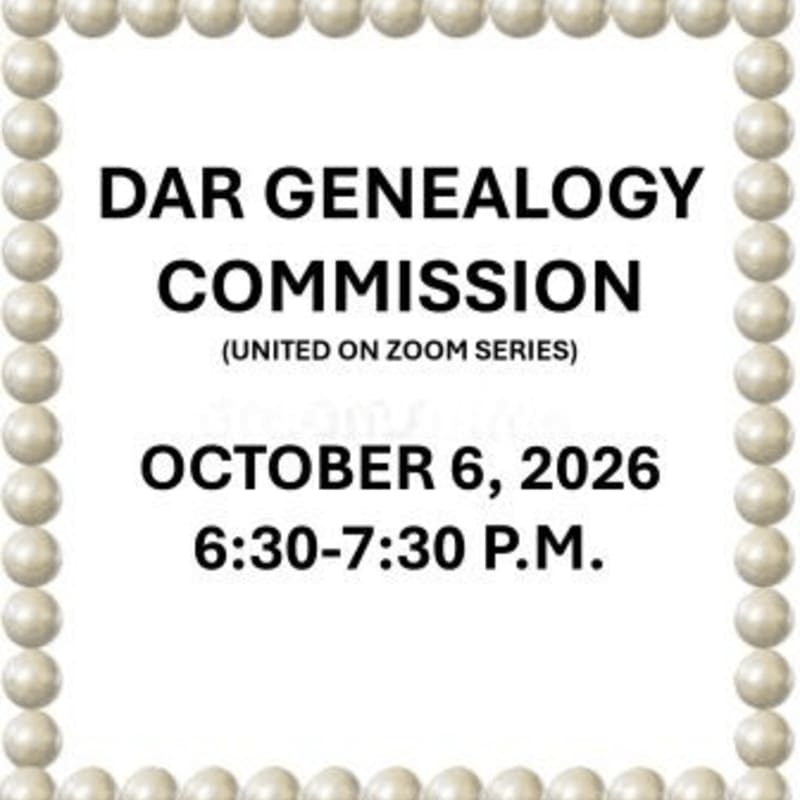 Black text announcing a DAR Genealogy Commission Zoom series on October 6, 2026, is centered on a white background framed by a border of white pearls.