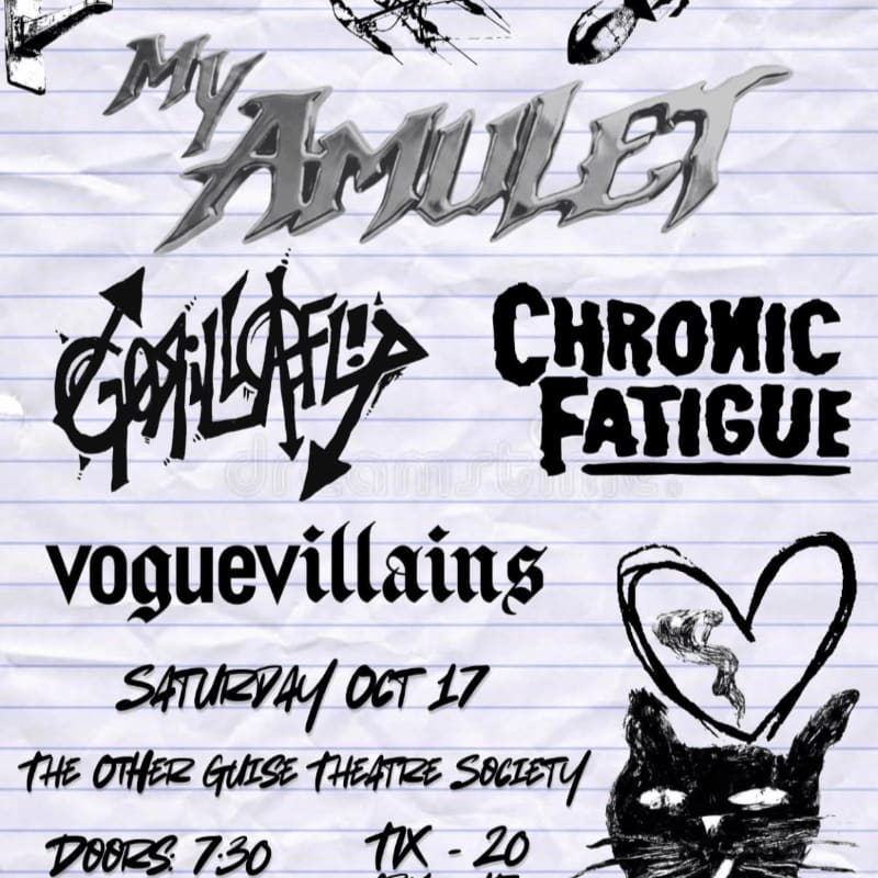 Various band names and event details are written in stylized black and silver fonts across a background of lined notebook paper.
