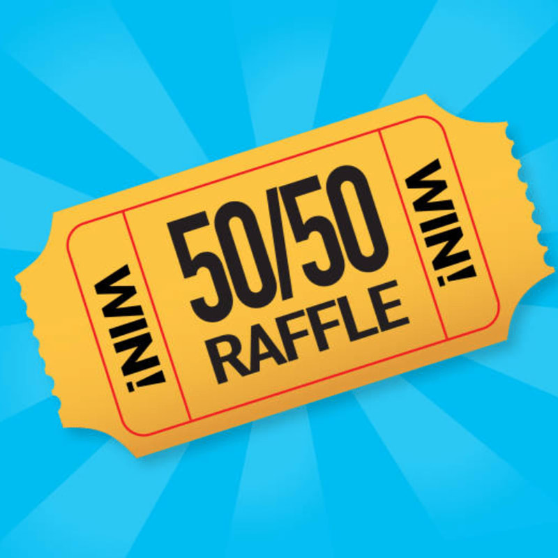 A yellow 50/50 raffle ticket sits angled in the foreground against a bright blue sunburst background.