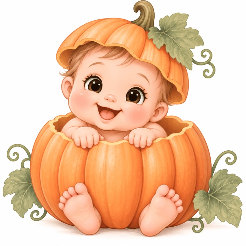 A watercolor orange pumpkin sits in the foreground, surrounded by autumn leaves and berries against a plain white background.