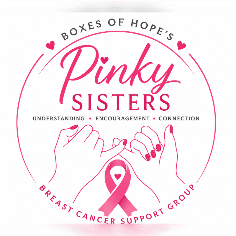 A pink logo for "Pinky Sisters Breast Cancer Support Group" features interlocking pinky fingers and a pink ribbon against a plain white background.