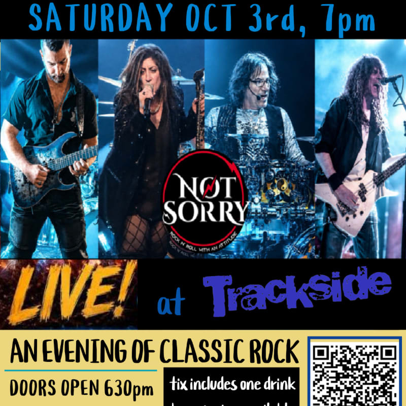 A promotional poster for a classic rock concert features a band in the foreground against a dark stage background, with event details and a QR code below.