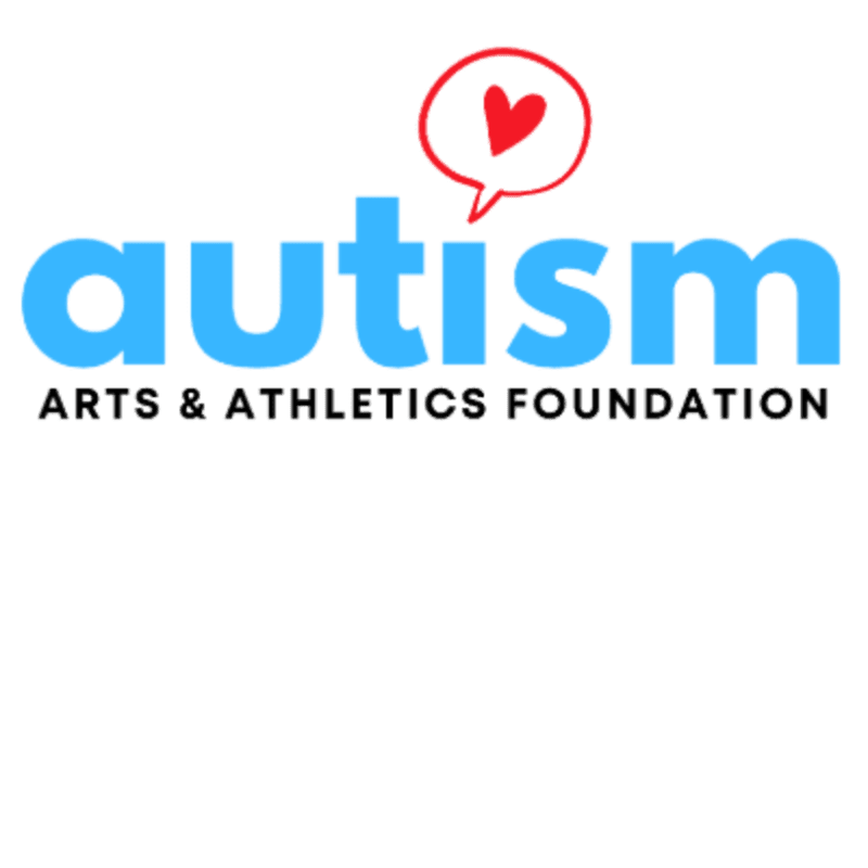 Blue text spelling "autism" with a red heart in a speech bubble above it, and smaller black text below reading "ARTS & ATHLETICS FOUNDATION" on a white background.